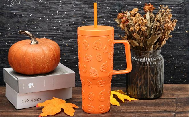 Way To Celebrate 30 Ounce Acrylic Double Wall Embossed Pumpkin Tumbler with Straw and Handle