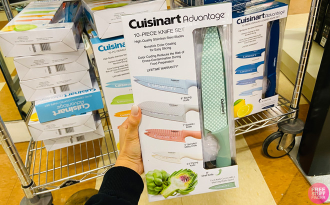 A Person Holding Cuisinart Farmhouse Printed 10 Piece Knife Set