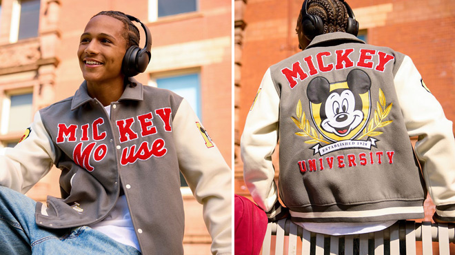 A Person Wearing Disney Mickey Mouse Collegiate Varsity Jacket for Men