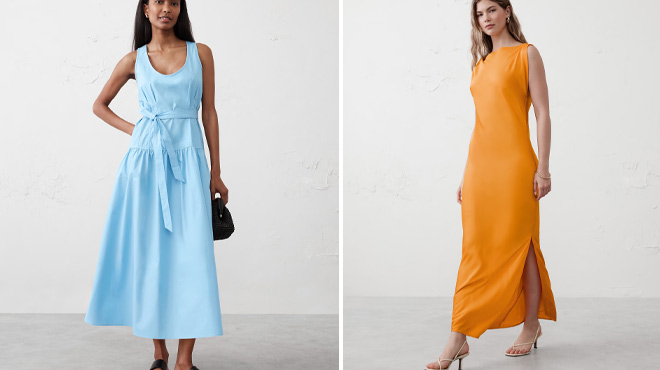 Banana Republic Factory Poplin Corset Waist Midi Dress and Satin Twist Shoulder Maxi Dress