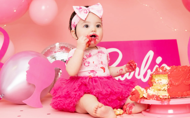 Barbie Baby Girls Printed Tutu Dress with Matching Bow Headband