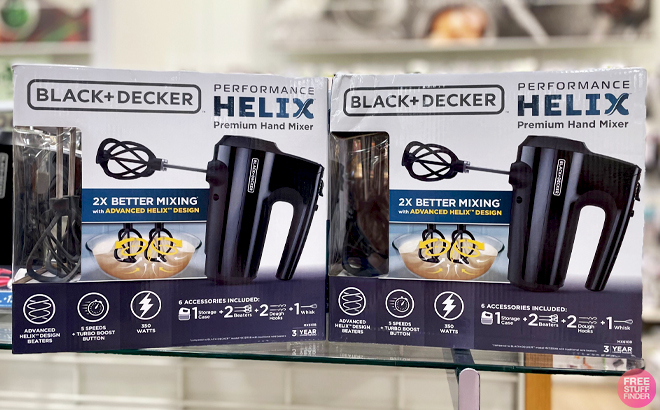 Black Decker Helix Performance Premium 5 Speed Hand Mixers on a Store Shelf