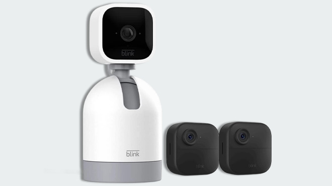 Blink Outdoor 4 Security And Pan Tilt Cam 3 Pack Bundle on a Gray Bundle Blink Outdoor 4 Security And Pan Tilt Cam 3 Pack Bundle on a Gray Bundle