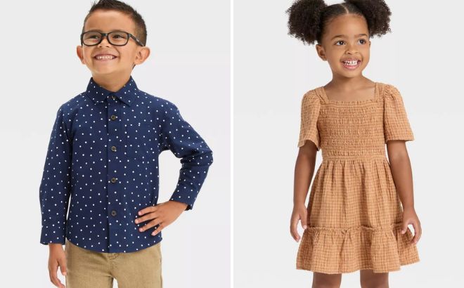 Cat Jack Toddler Boys Long Sleeve Dot Printed Button Down Shirt and Toddler Girls Short Sleeve Windowpane Dress Cat Jack Toddler Boys Long Sleeve Dot Printed Button Down Shirt and Toddler Girls Short Sleeve Windowpane Dress