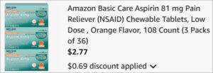 Checkout page of Amazon Basic Care Aspirin Pain Reliever Tablets 36 Count 3 Pack