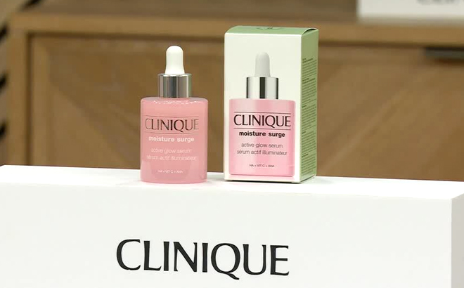 Clinique Moisture Surge Active Glow Serum on a Product Stand