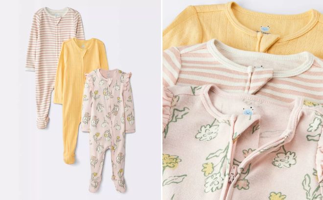 Cloud Island Baby Girls 3 Pack Floral Pointelle Sleep N Play