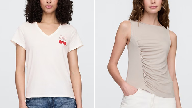 GAP Factory Favorite V Neck Graphic T Shirt and Asymmetrical Ruched Tank Top