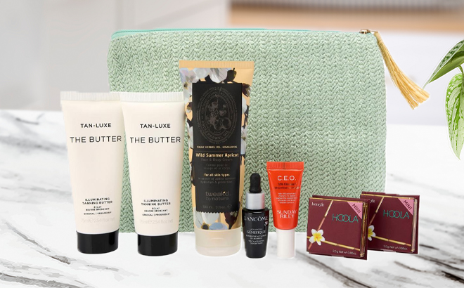 HSN Discover Beauty x Beauty Essentials Sample Bag on a Counter