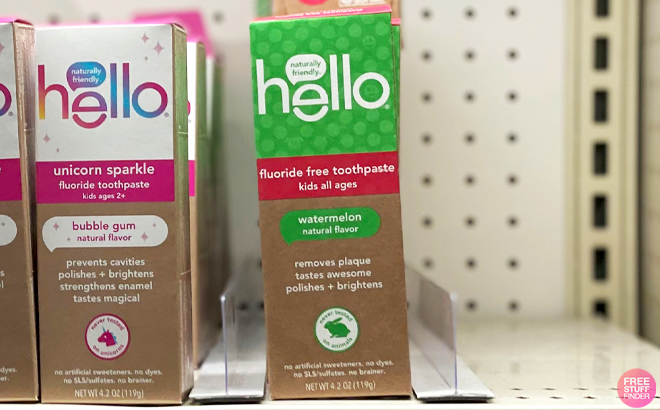 Hello Kids Toothpaste on a Store Shelf