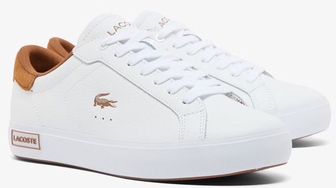 Lacoste Womens Powercourt Leather Sneakers in White and Brown Lacoste Womens Powercourt Leather Sneakers in White and Brown