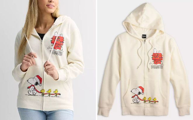 Licensed Character Juniors Peanuts Long Sleeve Zip Up Hoodie Licensed Character Juniors Peanuts Long Sleeve Zip Up Hoodie