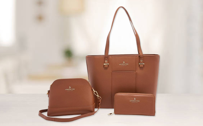 London Fog Faux Pebble Leather 3 Piece Tote Set in Cognac