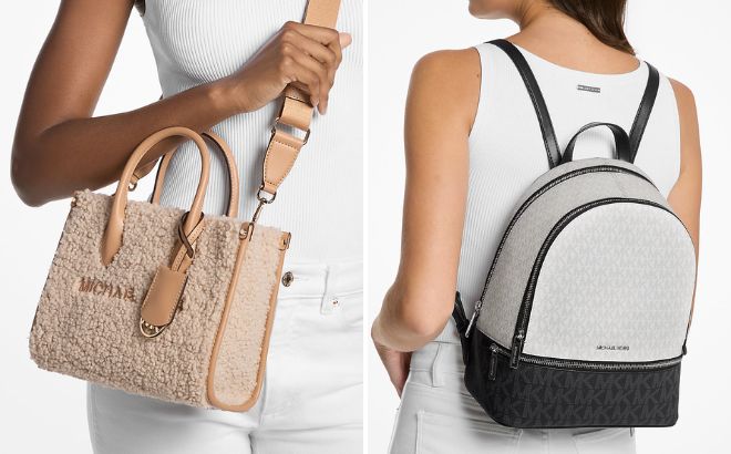 Michael Kors Outlet Mirella Small Faux Shearling Crossbody Bag and Rhea Medium Color Block Signature Logo Backpack Michael Kors Outlet Mirella Small Faux Shearling Crossbody Bag and Rhea Medium Color Block Signature Logo Backpack
