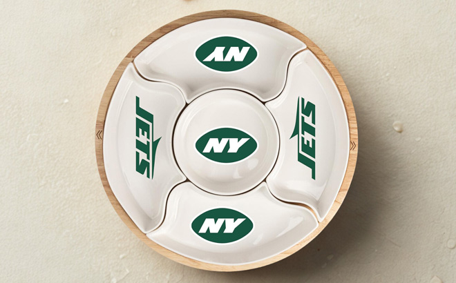 NFL New York Jets 16 Inch 5 Section Serving Tray with Wood NFL New York Jets 16 Inch 5 Section Serving Tray with Wood