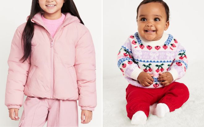 Old Navy Girls Water Resistant Puffer Jacket and Baby SoSoft Fair Isle Tunic Sweater