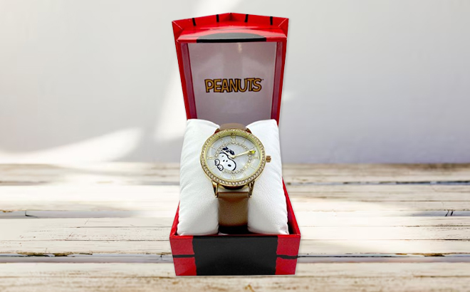 Peanuts Special Edition Snoopy Glitter Dial Watch in a Box on a Table
