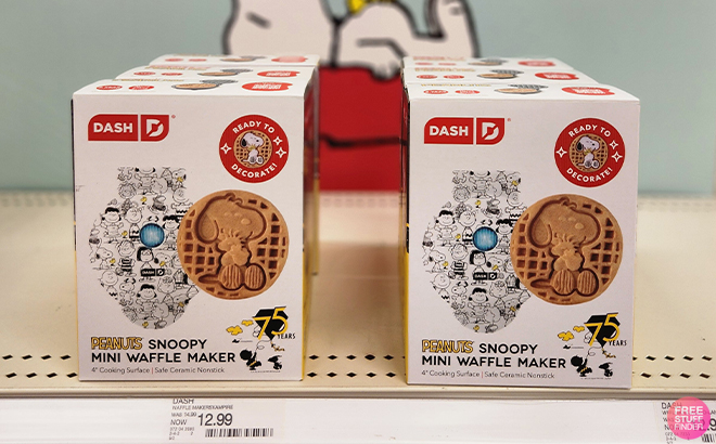 Peanuts x Dash 75th Anniversary Mini Waffle Maker on a Shelf at Target Peanuts x Dash 75th Anniversary Mini Waffle Maker on a Shelf at Target