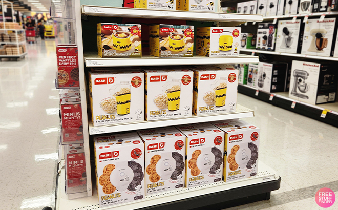 Peanuts x Dash Small Kitchen Appliances on a Shelf at Target Peanuts x Dash Small Kitchen Appliances on a Shelf at Target