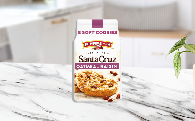 Pepperidge Farm Santa Cruz Soft Baked Oatmeal Raisin Cookies on a Kitchen Counter