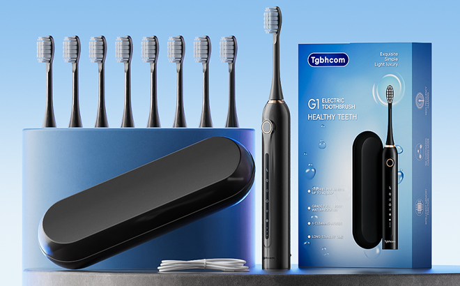 Tgbhcom Electric Toothbrush with 8 Brush Heads on a Product Stand
