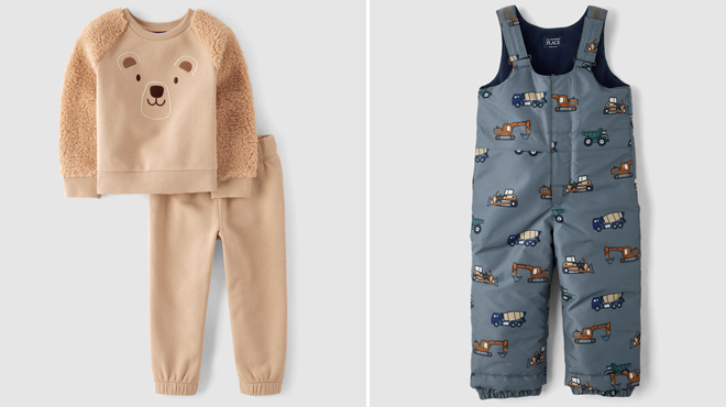 The Childrens Place Baby And Toddler Boys Bear Fleece 2 Piece Outfit Set and The Childrens Place Toddler Boys Construction Vehicle Snow Overalls The Childrens Place Baby And Toddler Boys Bear Fleece 2 Piece Outfit Set and The Childrens Place Toddler Boys Construction Vehicle Snow Overalls