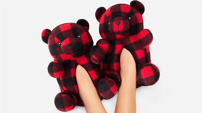 The Childrens Place Kids Matching Family Buffalo Plaid Bear Slippers