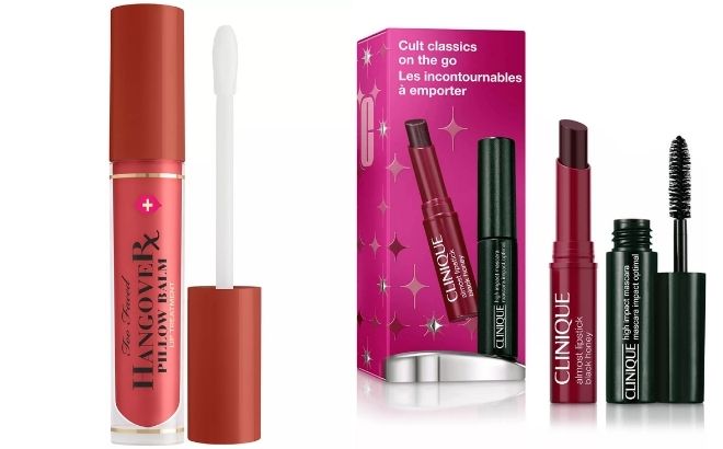 Too Faced Hangover Pillow Balm Ultra Hydrating Lip Balm and Clinique Cult Classics On The Go High Impact Mascara Black Honey Lip Mini Gift Set