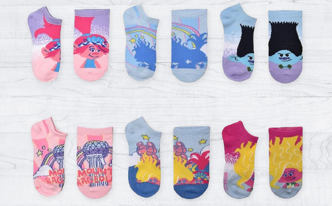 Trolls Girls No Show Socks 6 Pairs on the Table