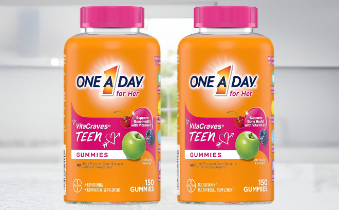 Two Bottles of One a Day 150 Count Teen for Her Multivitamin Gummies on a Table