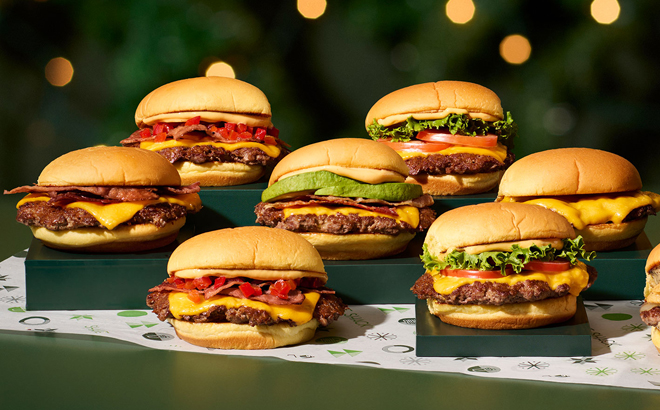 Various Types of Shake Shack Sandwiches on a Product Stand