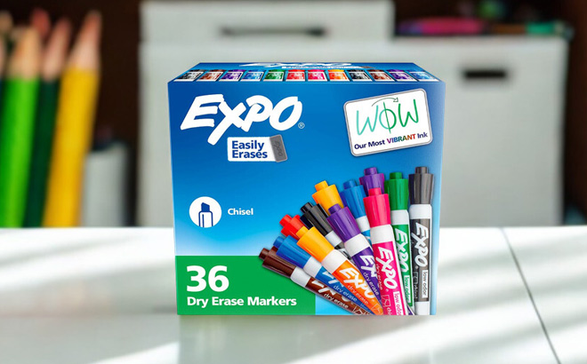 A Box of EXPO Dry Erase Markers on a Table