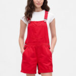 A Person Wearing GAP UltraSoft Denim Shortalls in Red Color