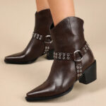 A Person Wearing Lulus Hallee Brown Pointed Toe Ankle Booties