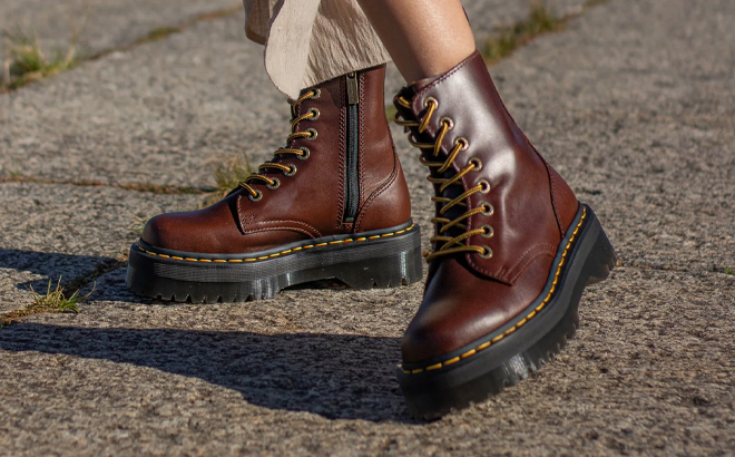 A Person Wearing the Dr Martens Jadon Platform Womens Boots in Brown