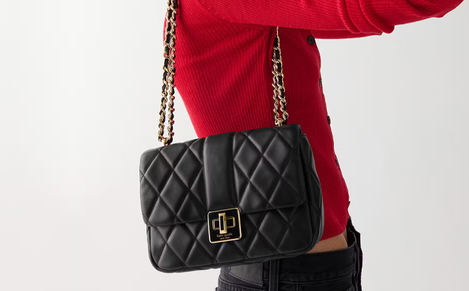 A Woman Wearing Kate Spade Carey Quilted Small Flap Crossbody