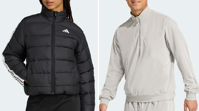 Adidas Essentials Climawarm 3 Stripes Synthetic Down Jacket and Velour Half Zip Track Top