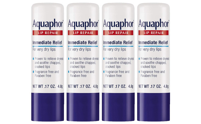 Aquaphor Lip Repair Stick 4 Pack on a White Background