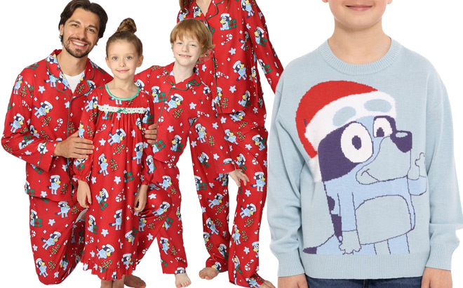 Bluey Holiday Family Pajamas and Kids Holiday Sweater