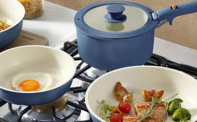 Carote 5 Pcs Pots and Pans Nonstick Cookware Set with Detachable Handles Oven Safe Induction Ready Stackable Kitchen Cooking Set Navy Blue
