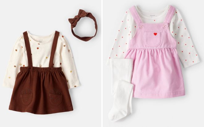 Carters Baby Girl 3 Piece Thanksgiving Print Dress Set and Baby Girl 3 Piece Heart Print Long Sleeve Dress Set