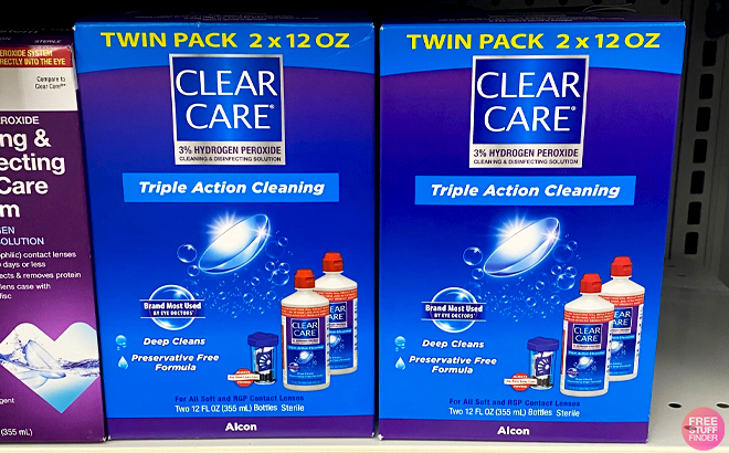 Clear Care Cleaning Disinfecting Lens Solution Twin Packs on a Store Shelf