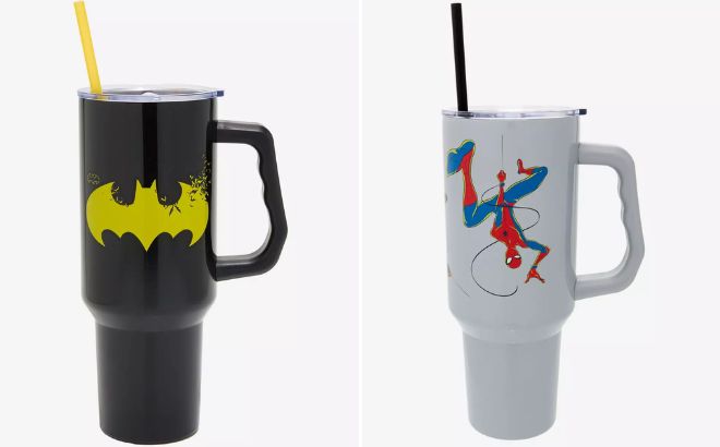 DC Comics Batman Symbol Stainless Steel Travel Cup and Marvel Spider Man Swinging Characters Stainless Steel Travel Cup