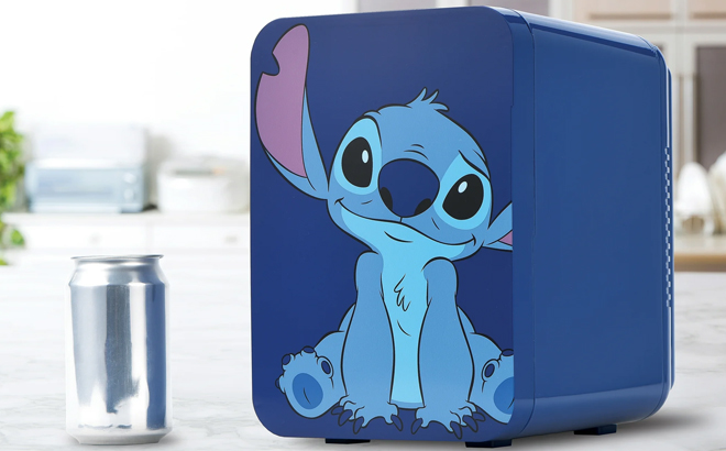 Disney Stitch 6 Can Mini Fridge on a Table Disney Stitch 6 Can Mini Fridge on a Table