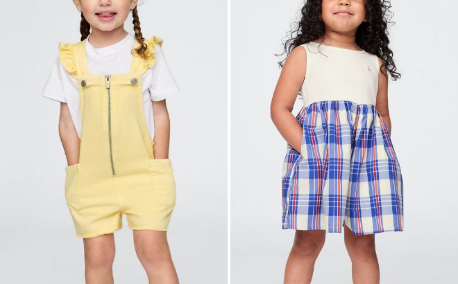 GAP Baby Toddler UltraSoft Ruffle Denim Shortalls and Baby Toddler Mixed Media Romper GAP Baby Toddler UltraSoft Ruffle Denim Shortalls and Baby Toddler Mixed Media Romper