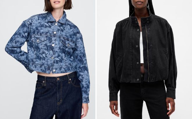 GAP Cropped Floral Denim Icon Jacket and Denim Bubble Jacket