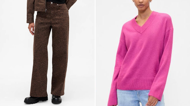 GAP Factory High Rise Print Wide Leg Jeans and Oversized V Neck Sweater
