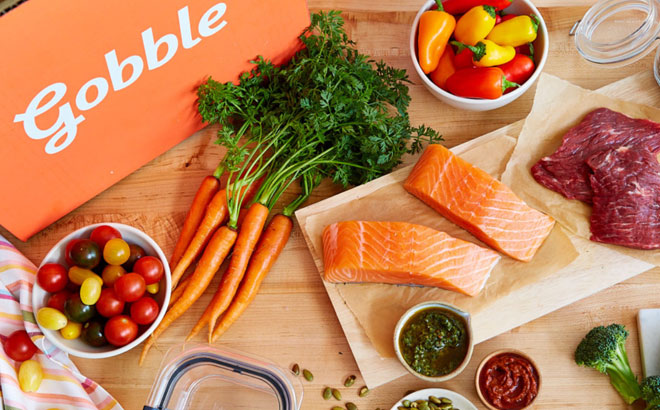 Gobble Box with Fresh Meal Ingredients on a Table Gobble Box with Fresh Meal Ingredients on a Table