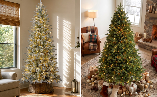 Goosiay 6 Foot Pre Lit Frosted Slim Aspen Fir Artificial Christmas Tree and 7 Foot Prelit Artificial Christmas Tree Goosiay 6 Foot Pre Lit Frosted Slim Aspen Fir Artificial Christmas Tree and 7 Foot Prelit Artificial Christmas Tree