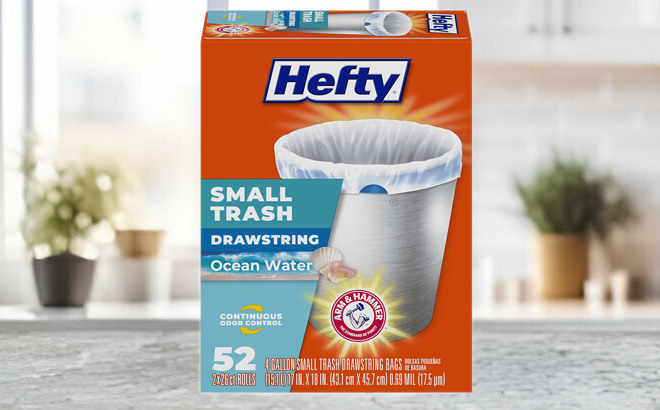 Hefty 52 Count Small 4 Gallon Trash Bags Box on a Table